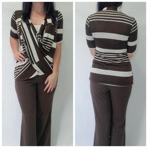 Vintage Brown & Cream Striped Front Wrap Half Sleeve Top